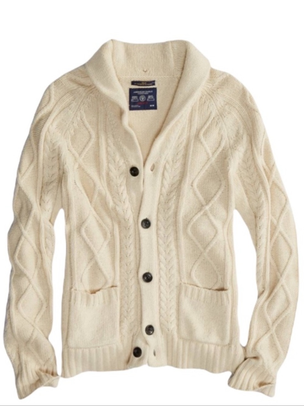 American Eagle Mens Cable Knit Cardigan Shawl Collar Sweater Chunky Knit Preppy